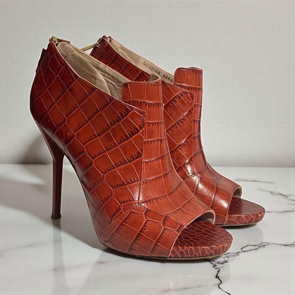 Escada Croc Embossed Leather Ankle Booties Rust Brown Italy Back Zip EU 40